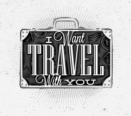 Tourist poster with lettering I want travel with you on a suitcase in vintage style on old paperのイラスト素材