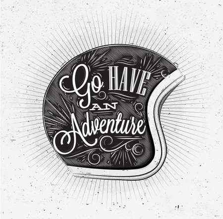 Tourist poster with lettering Go have an adventure on the motorcycle helmet in vintage style on old paperのイラスト素材