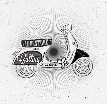 Tourist poster with lettering Adventure is calling just go on a moped in vintage style on old paperのイラスト素材