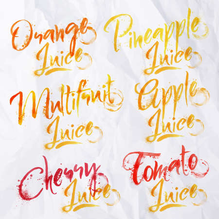 Drawn names of different kinds of juice, multifruit, tomato, orange, pineapple, cherry, apple drops...