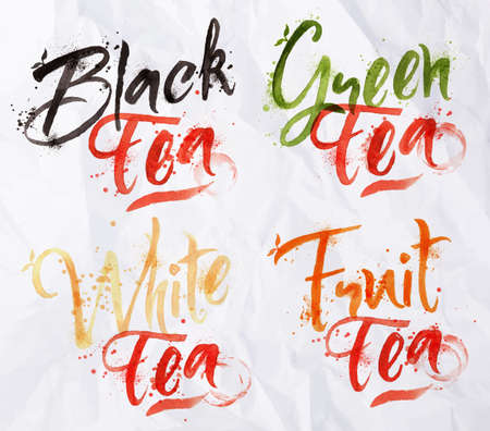 Drawn names of different kinds of tea, black, green, white, fruit drops of tea on crumpled paperのイラスト素材