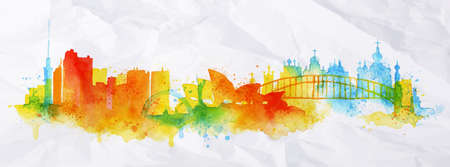Silhouette overlay city Kiev, Sydney with splashes of watercolor drops streaks landmarks in red with orange tonesのイラスト素材