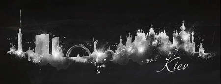 Silhouette Kiev city painted with splashes of chalk drops streaks landmarks drawing with chalk on blackboardのイラスト素材