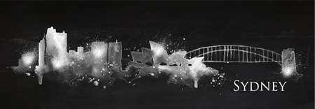 Silhouette Sydney city painted with splashes of chalk drops streaks landmarks drawing with chalk on blackboardのイラスト素材