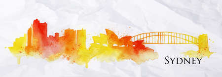 Silhouette Sydney city painted with splashes of watercolor drops streaks landmarks in blue with yellow tonesのイラスト素材