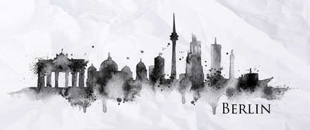 Silhouette ink Berlin city painted with splashes of ink drops streaks landmarks drawing in black ink on crumpled paper.のイラスト素材