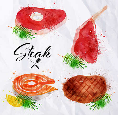 Set steak of watercolor hand-drawing blots and stains with a spray paint  on crumpled paper steak, fish steak, big steak.のイラスト素材