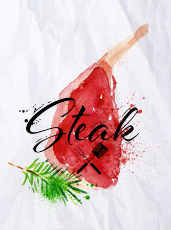 Bone in rib steak watercolor hand-drawing blots and stains with a spray paint  on crumpled paper.のイラスト素材
