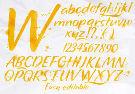 Modern alphabet set drawn watercolor blots and stains with a spray orange color.のイラスト素材