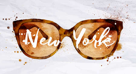 Watercolor vintage glasses New York with drops and splash on crumled paper