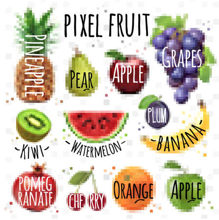 Fruits, pineapple, pear, apple, grapes, kiwi, watermelon, plum, banana, pomegranate, cherry, orange, apple drawing in pixel style on  white backgroundのイラスト素材