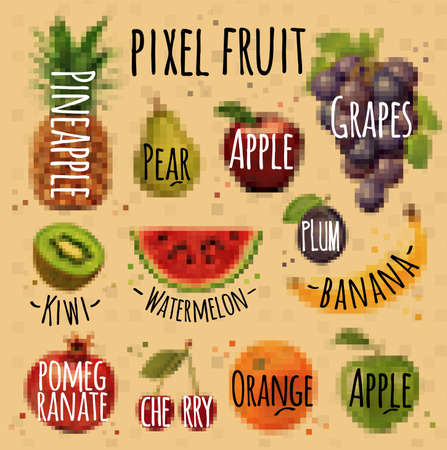 Fruits, pineapple, pear, apple, grapes, kiwi, watermelon, plum, banana, pomegranate, cherry, orange, apple drawing in pixel style on  kraftのイラスト素材