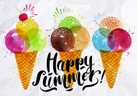 Poster watercolor ice cream cones different colors lettering happy summer drawing on crumpled paperのイラスト素材
