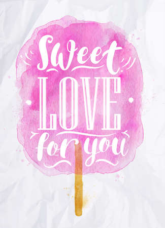 Poster watercolor cotton candy lettering sweet love for you drawing in pink color on crumpled paperのイラスト素材