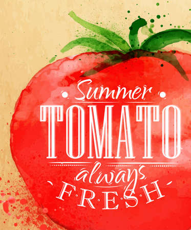 Poster watercolor tomato lettering summer tomato always fresh drawing on kraft paperのイラスト素材