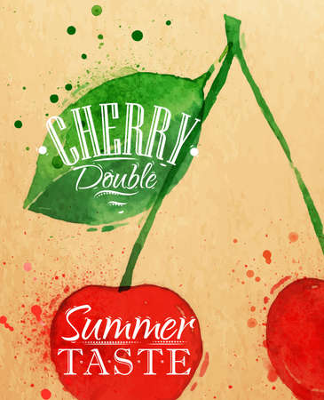 Poster watercolor cherry lettering cherry double summer taste drawing on kraftのイラスト素材