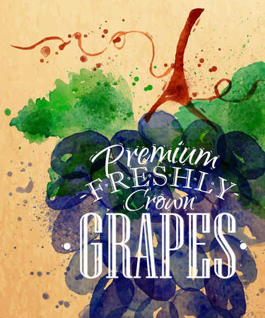 Poster watercolor grapes lettering premium freshly crown grapes drawing on kraftのイラスト素材