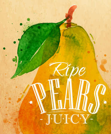 Poster watercolor pear lettering ripe pears juicy drawing on kraftのイラスト素材