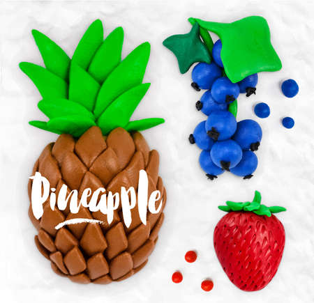 Plasticine modeling fruits pineapple currant strawberry cobbled together on a white plasticine backgroundのイラスト素材