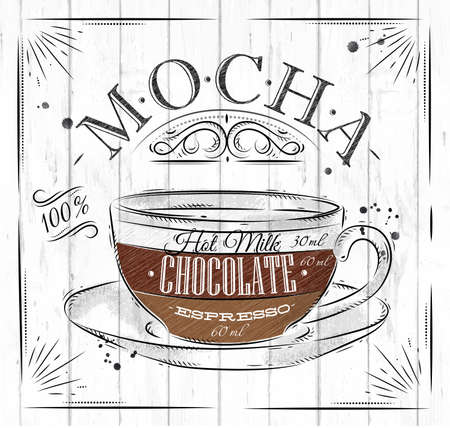 Poster coffee mocha in vintage style drawing on wood backgroundのイラスト素材