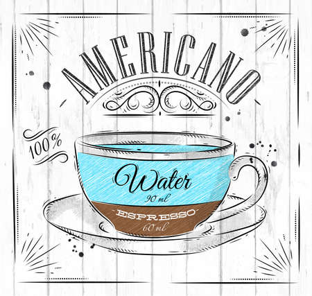 Poster coffee americano in vintage style drawing on wood backgroundのイラスト素材
