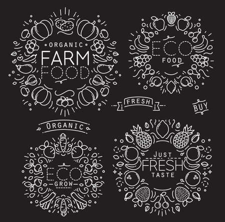 Set of flat fruits and vegetables monograms drawing with white lines on black backgroundのイラスト素材