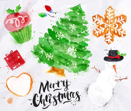 Watercolor Christmas symbols lettering Merry Christmas with cupcake, Christmas tree, gift, cookie, snowman, garland, snowflake drawing in vintage style on crumpled paperのイラスト素材