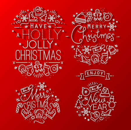 Christmas decorative elements for winter holidays in flat style,  drawing with grey lines on red backgroundのイラスト素材