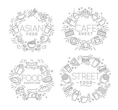 Grey linear flat food monograms. Set of simple minimalist and modern templates.のイラスト素材
