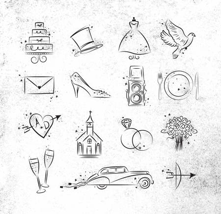 Set of wedding icons theme drawing with black ink on dirty paperのイラスト素材