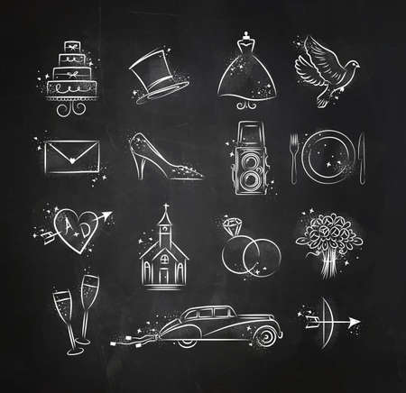 Set of wedding icons theme drawing with white ink on black paperのイラスト素材