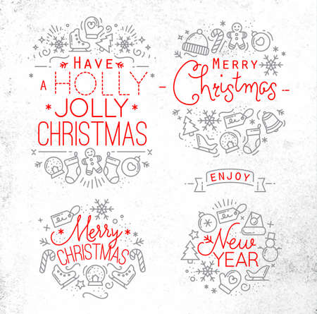 Christmas decorative elements for winter holidays in flat style,  drawing with grey and red lines on dirty paperのイラスト素材