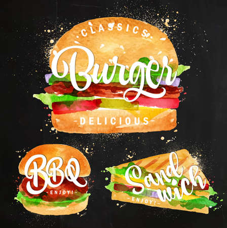 Set of classic burger, bbq burger and sandwich drawing with color paint on chalkboard.のイラスト素材