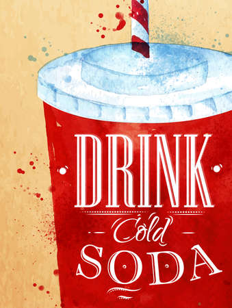 Poster Soda lettering Drink cold soda drawing with color paint on kraft background.のイラスト素材