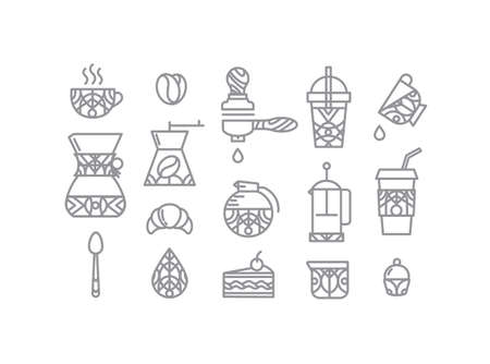 Coffee icons in flat style drawing by thin grey  lines on white backgroundのイラスト素材