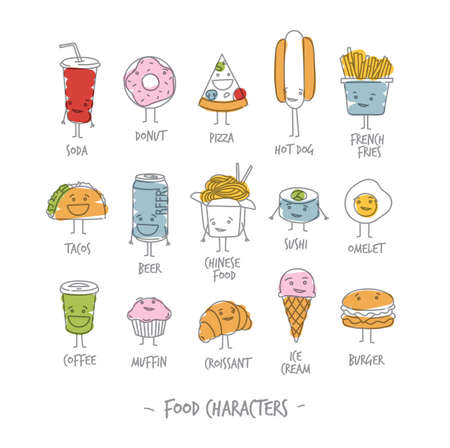 Comic food characters drawing with flat lines and color paint on white backgroundのイラスト素材