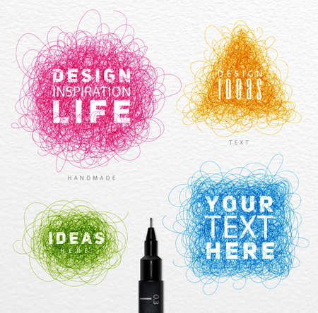 Pen drawing tangle elements circle square oval triangle with differents inscriptions drawing with color ink on paper backgroundのイラスト素材