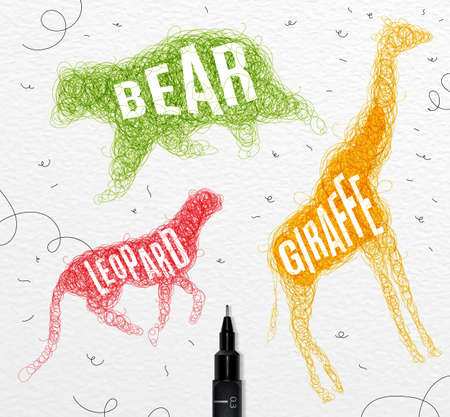 Pen hand drawing tangle wild animals bear, giraffe, leopard with inscription names of animals drawing with color ink on paper backgroundのイラスト素材