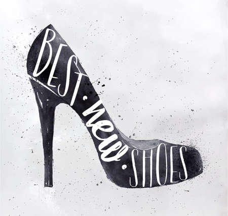 Poster women high hill shoes in retro vintage style lettering best new shoes drawing with black ink on dirty paper backgroundのイラスト素材
