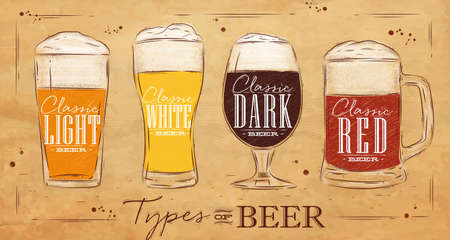 Poster beer types with four main types of beer lettering classic light beer, classic white beer, classic dark beer, classic red beer drawing in vintage style on backgroundのイラスト素材