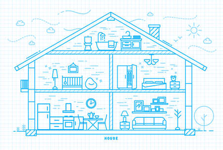 House silhouette with rooms furnishings in flat style drawing with light blue lines on squared paper sheet backgroundのイラスト素材