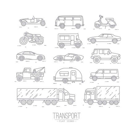 Set of transport icons in flat style car, moto, truck, scooter drawing with gray lines on white backgroundのイラスト素材
