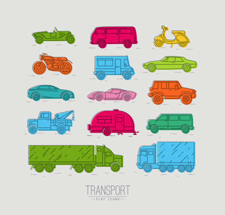 Set of transport icons in flat style car, moto, truck, scooter drawing with color on gray backgroundのイラスト素材