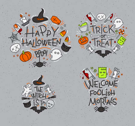 Set of halloween color monograms drawing in flat style on gray background.のイラスト素材