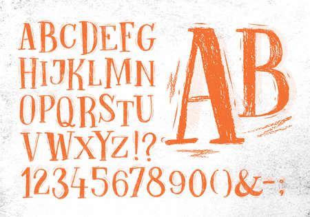 Font pencil vintage hand drawn alphabet drawing in orange color on dirty paper background.のイラスト素材