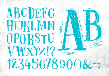 Font pencil vintage hand drawn alphabet drawing in blue color on dirty paper background.のイラスト素材