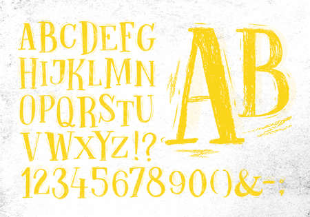 Font pencil vintage hand drawn alphabet drawing in yellow color on dirty paper background.のイラスト素材