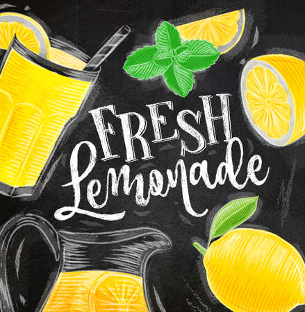 Poster with lemonade elements glass, lemon, jug, mint lettering fresh lemonade drawing with chalk on chalkboard backgroundのイラスト素材