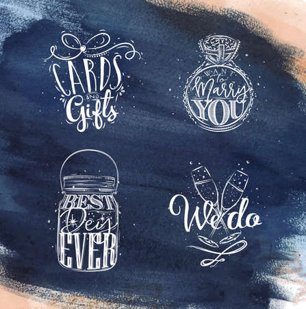 Wedding symbols lettering cards and gifts, want to marry you, best, day ever, we do drawing on dark blue watercolorのイラスト素材