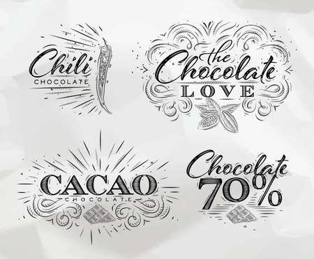 Chocolate labels collection in vintage style lettering chocolate love, chili, cacao, 70 drawing on crumpled paper background.のイラスト素材